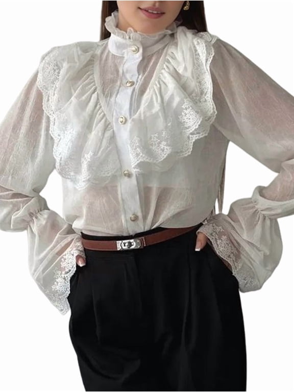 Women'S French Palace Style Stand Collar Chiffon Blouse with Ruffle Trim Retro Long Sleeve Top White XL