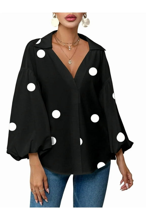 Women'S French Polka Dot Half-Open Collar Loose Bubble Long Sleeve Top Black Polka Dots L