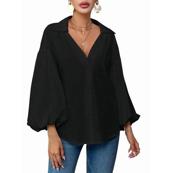 Women'S French Polka Dot Half-Open Collar Loose Bubble Long Sleeve Top Black XL