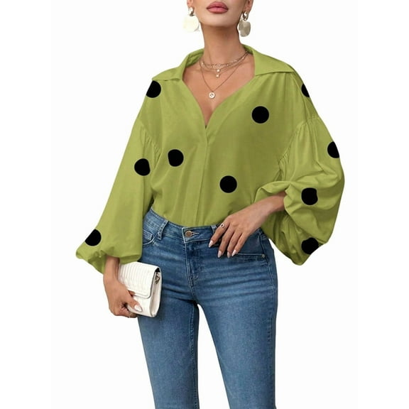 Women'S French Polka Dot Half-Open Collar Loose Bubble Long Sleeve Top Matcha Green L