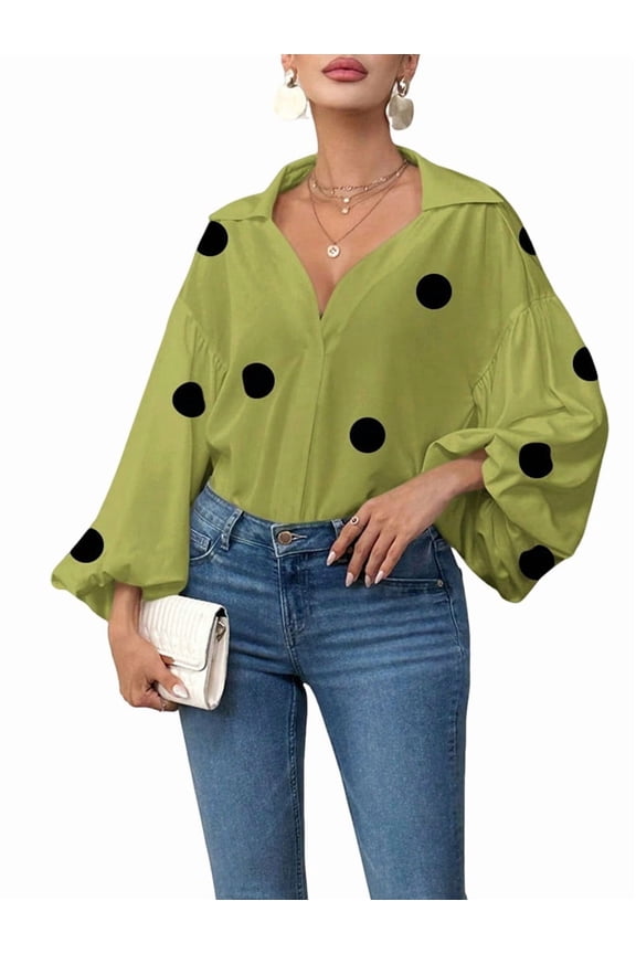 Women'S French Polka Dot Half-Open Collar Loose Bubble Long Sleeve Top Matcha Green XL