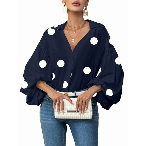 Women'S French Polka Dot Half-Open Collar Loose Bubble Long Sleeve Top Navy Blue L