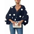 thumbnail image 1 of Women'S French Polka Dot Half-Open Collar Loose Bubble Long Sleeve Top Navy Blue M, 1 of 8