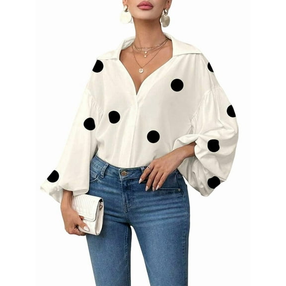 Women'S French Polka Dot Half-Open Collar Loose Bubble Long Sleeve Top  Polka Dots M