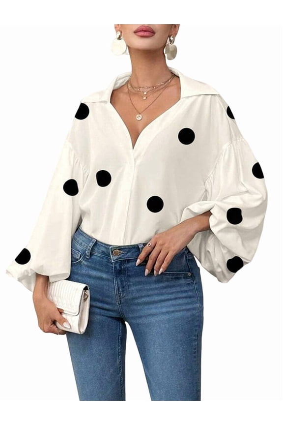 Women'S French Polka Dot Half-Open Collar Loose Bubble Long Sleeve Top Polka Dots S
