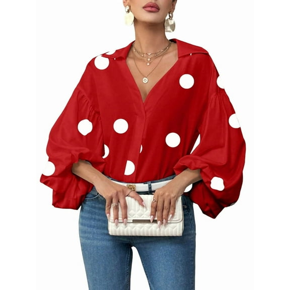 Women'S French Polka Dot Half-Open Collar Loose Bubble Long Sleeve Top Red Polka Dots L