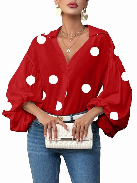 Women'S French Polka Dot Half-Open Collar Loose Bubble Long Sleeve Top Red Polka Dots L