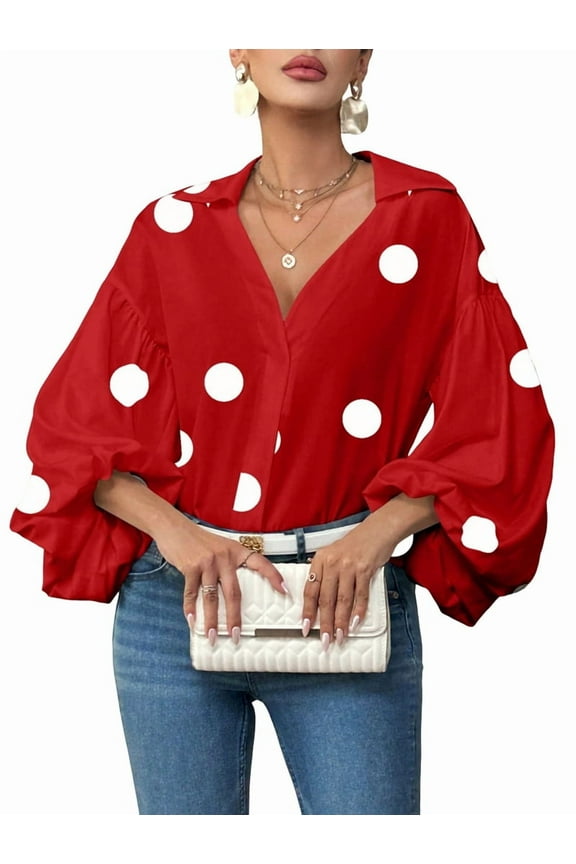 Women'S French Polka Dot Half-Open Collar Loose Bubble Long Sleeve Top Red Polka Dots XL