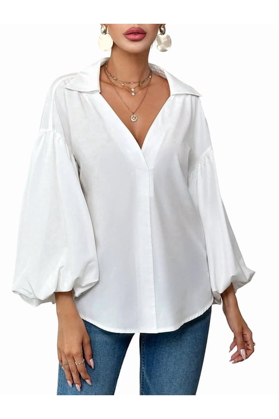 Women'S French Polka Dot Half-Open Collar Loose Bubble Long Sleeve Top White M