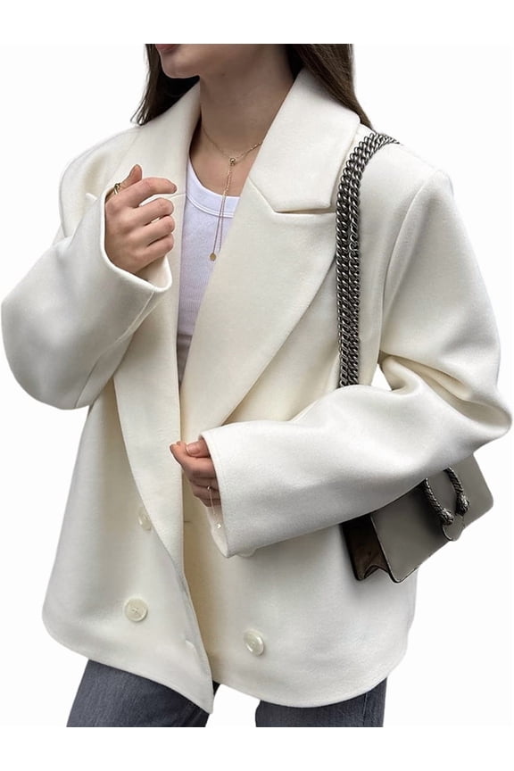 Women'S French Retro Old Money Style Woolen Coat Fall Winter Lapel Long Sleeve Loose Double-Breasted Suit Cream White L