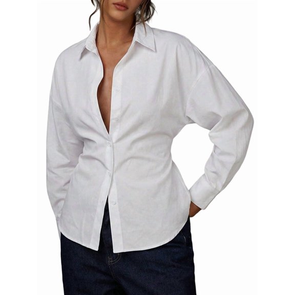 Women'S French Style Lapel V Neck Button Front Drop Shoulder Waist Cinched Long Sleeve Shirt Pure White S