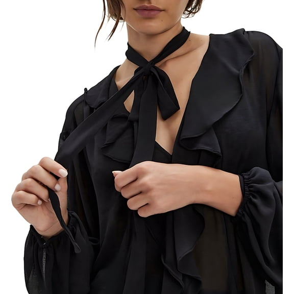 Women'S French Temperament Lace Ruffled V-Neck Top Spring and Summer Fashion Cardigan with Scarf Black M