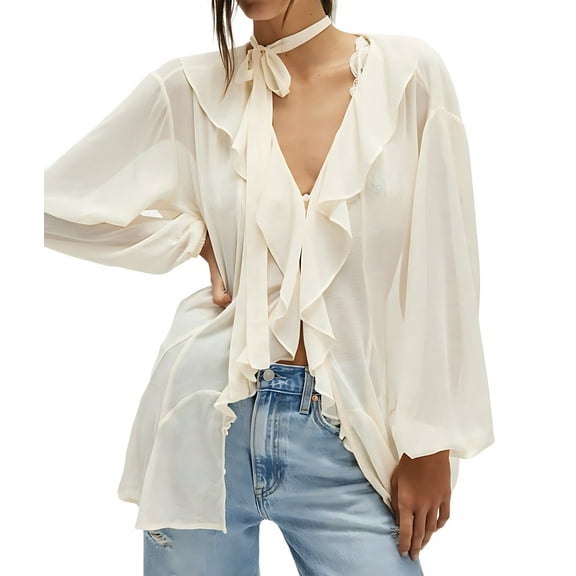 Women'S French Temperament Lace Ruffled V-Neck Top Spring and Summer Fashion Cardigan with Scarf Ivory White M