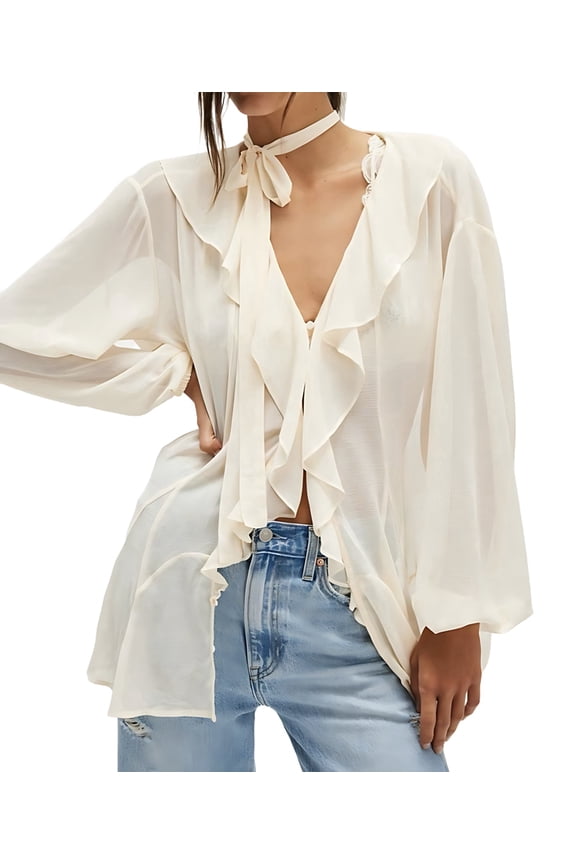 Women'S French Temperament Lace Ruffled V-Neck Top Spring and Summer Fashion Cardigan with Scarf Ivory White M
