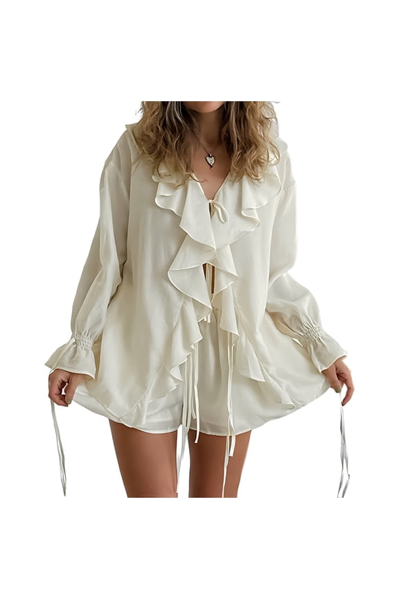 Women'S French V-Neck Loose Ruffled Shirt and Shorts Suit Two-Piece Suit Beige L