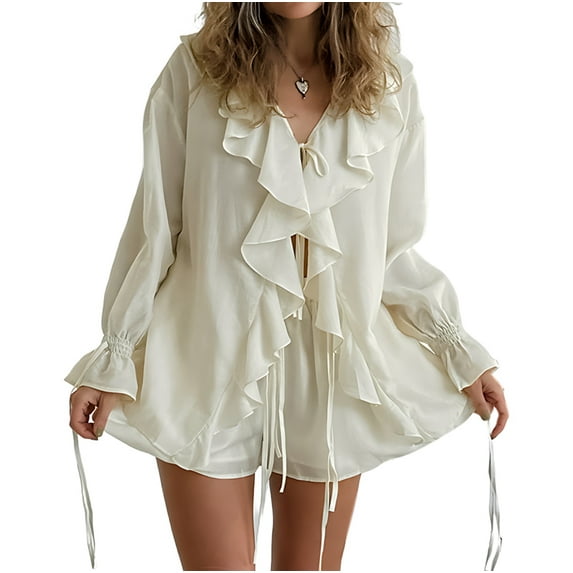 Women'S French V-Neck Loose Ruffled Shirt and Shorts Suit Two-Piece Suit Beige L