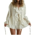 thumbnail image 1 of Women'S French V-Neck Loose Ruffled Shirt and Shorts Suit Two-Piece Suit Beige S, 1 of 10