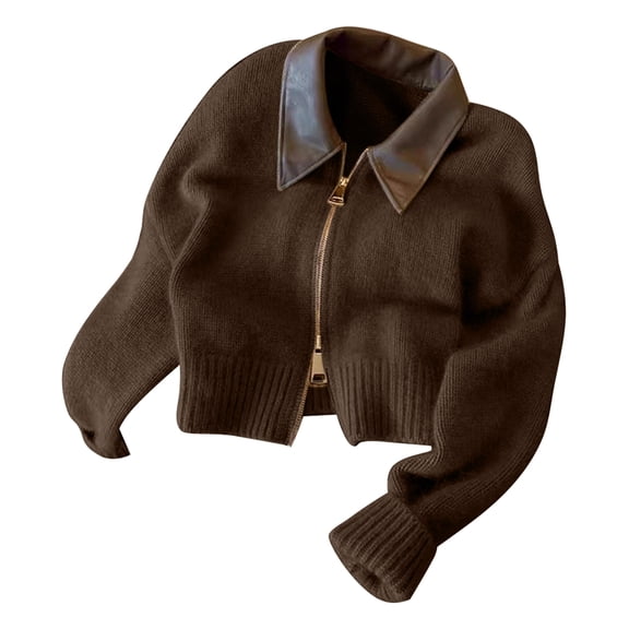 Women'S French Vintage Knit Sweater Turn-Down Collar Long Sleeve Y2K Zip Front Cardigan Brown XL