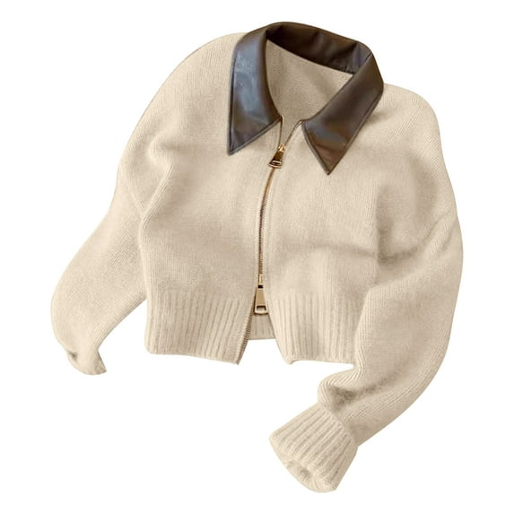 Women'S French Vintage Knit Sweater Turn-Down Collar Long Sleeve Y2K Zip Front Cardigan Color S