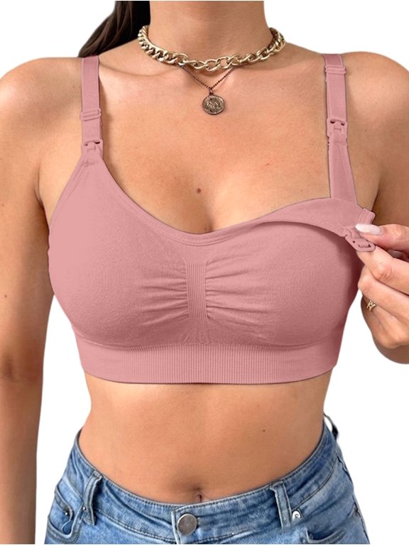 Women'S Front Rupled Clip Down Back Hook Maternity Wireless Feeding Bra Basic Pink L