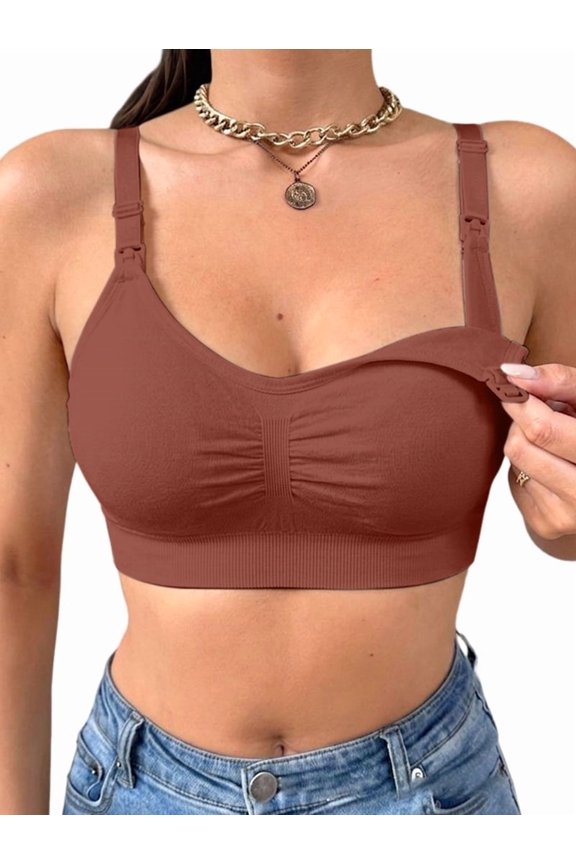 Women'S Front Rupled Clip Down Back Hook Maternity Wireless Feeding Bra Light Brown M
