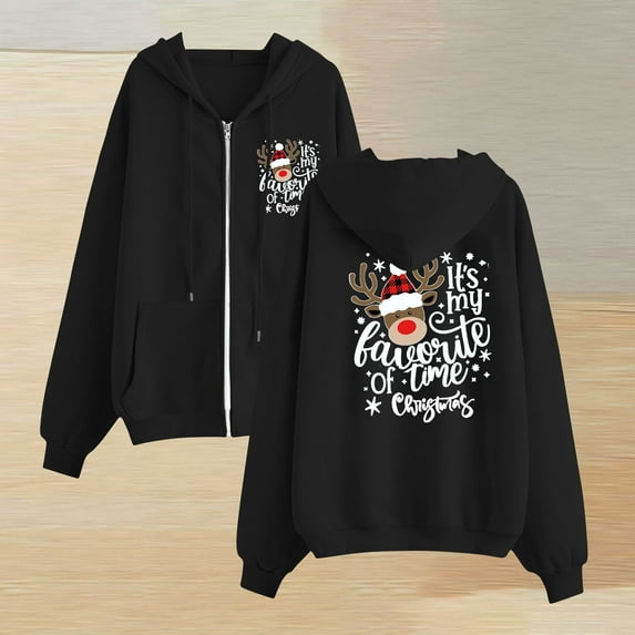 Women'S Full Zip Up Hoodie Long Sleeved Top Stars Printd Drawstring Hooded Sweatshirts Pockets Jacket Coat With Pockets Black S