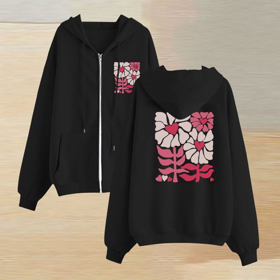 Women'S Full Zip Up Hoodie Long Sleeved Top Stars Printd Drawstring Hooded Sweatshirts Pockets Jacket Coat With Pockets Black XXL