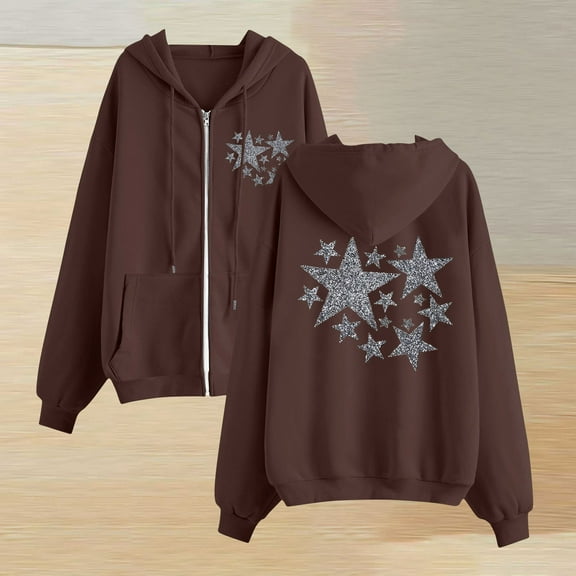 Women'S Full Zip Up Hoodie Long Sleeved Top Stars Printd Drawstring Hooded Sweatshirts Pockets Jacket Coat With Pockets Brown L