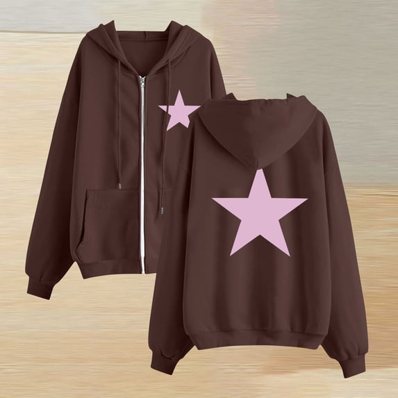 Women'S Full Zip Up Hoodie Long Sleeved Top Stars Printd Drawstring Hooded Sweatshirts Pockets Jacket Coat With Pockets Brown XXL