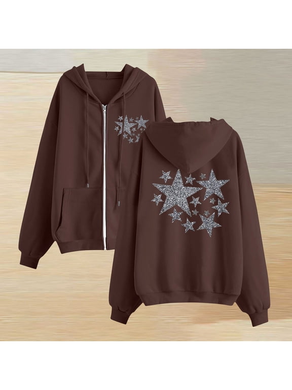 Women'S Full Zip Up Hoodie Long Sleeved Top Stars Printd Drawstring Hooded Sweatshirts Pockets Jacket Coat With Pockets Brown XXXL