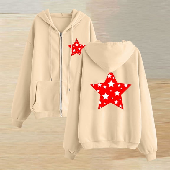 Women'S Full Zip Up Hoodie Long Sleeved Top Stars Printd Drawstring Hooded Sweatshirts Pockets Jacket Coat With Pockets Khaki XXXL