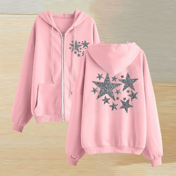 Women'S Full Zip Up Hoodie Long Sleeved Top Stars Printd Drawstring Hooded Sweatshirts Pockets Jacket Coat With Pockets Pink XXL