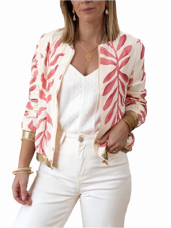 Women'S Full Zip Up Linen Casual Jackets Loose Boho Jacket Long Sleeve Tree Leaf Outerwear Mixed Color 1 L