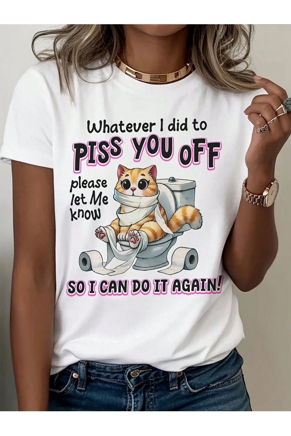 Women'S Fun Cat Pattern T-Shirt - "What Did I Do To Make You Angry" Humorous Print, Round Neck Short Sleeve For Spring, Summer, And Autu