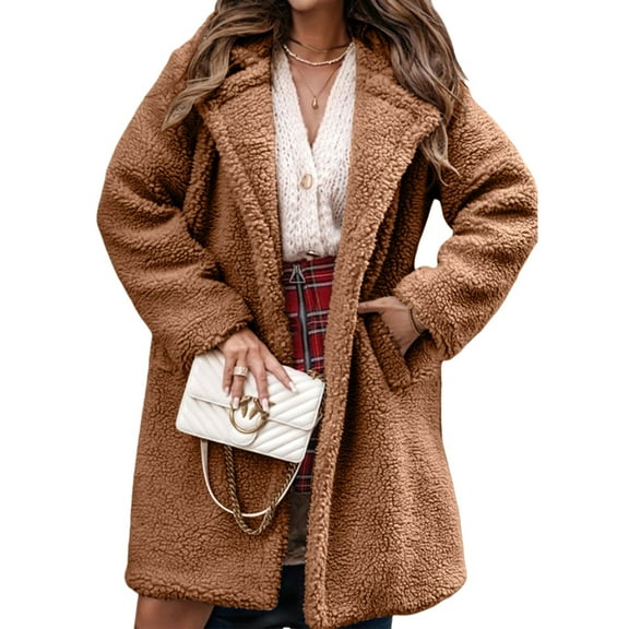 Women'S Fuzzy Fleece Lapel Open Front Long Cardigan Coat Faux Fur Warm Winter Outwear Jackets Khaki XL
