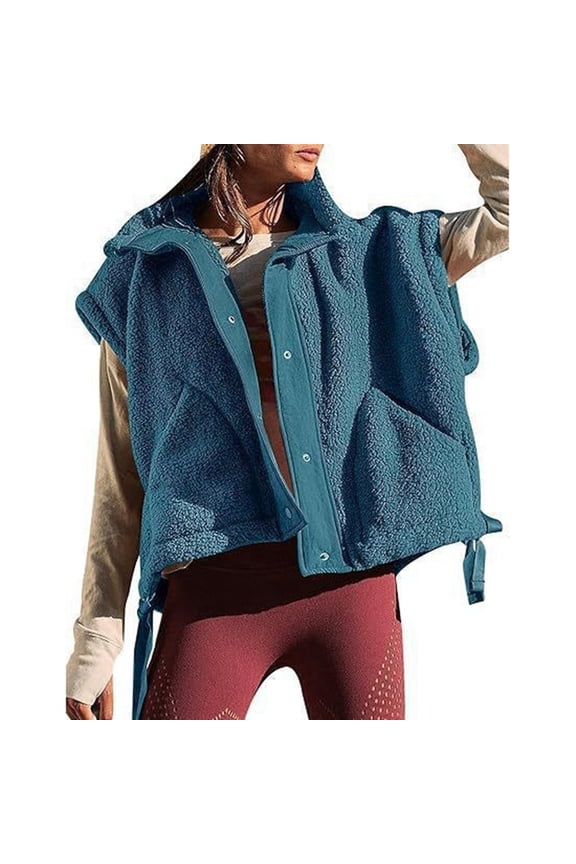 Women'S Fuzzy Fleece Vest Oversized Sleeveless Fall Warm Button Down Gilet Outerwear with Pockets Green XL