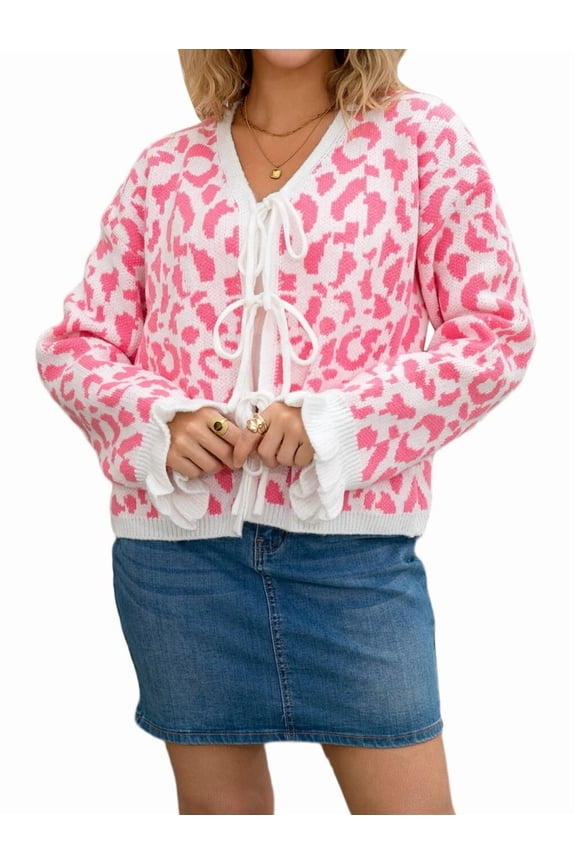 Women'S Fuzzy Leopard Print Sweater Long Sleeve Lace-Up Knit Crochet Long Sleeve Cardigan Pink M