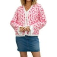 thumbnail image 1 of Women'S Fuzzy Leopard Print Sweater Long Sleeve Lace-Up Knit Crochet Long Sleeve Cardigan Pink M, 1 of 8