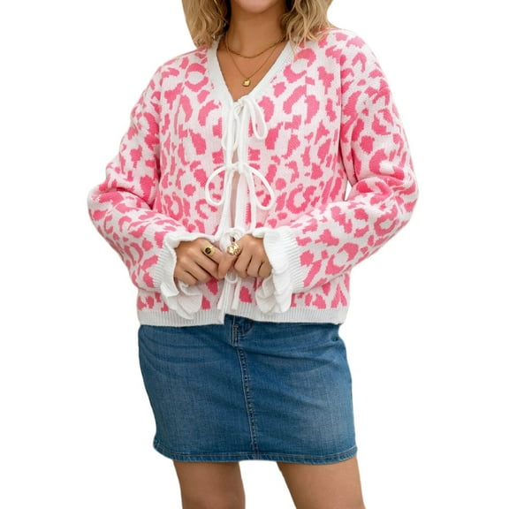 Women'S Fuzzy Leopard Print Sweater Long Sleeve Lace-Up Knit Crochet Long Sleeve Cardigan Pink M