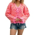 thumbnail image 1 of Women'S Fuzzy Leopard Print Sweater Long Sleeve Lace-Up Knit Crochet Long Sleeve Cardigan Rose Red M, 1 of 8