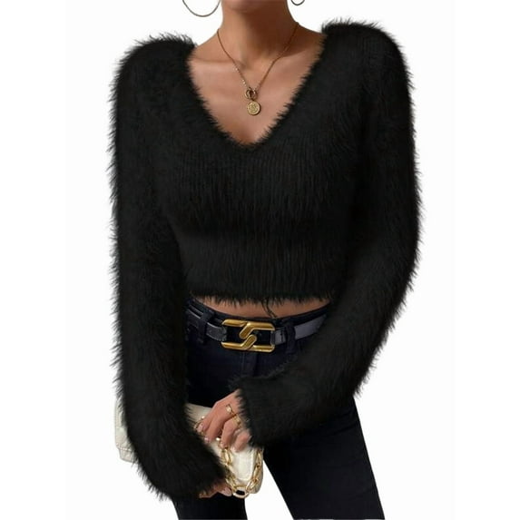 Women'S Fuzzy Long Sleeve V Neck Crop Sweater Casual Plain Slim Fit Warm Knitwear Sweater Pullovers Black M
