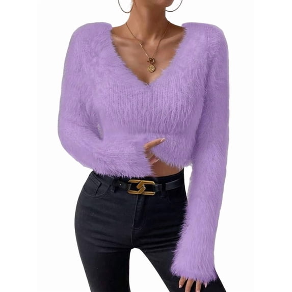 Women'S Fuzzy Long Sleeve V Neck Crop Sweater Casual Plain Slim Fit Warm Knitwear Sweater Pullovers Purple XL