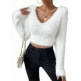 thumbnail image 1 of Women'S Fuzzy Long Sleeve V Neck Crop Sweater Casual Plain Slim Fit Warm Knitwear Sweater Pullovers White S, 1 of 9