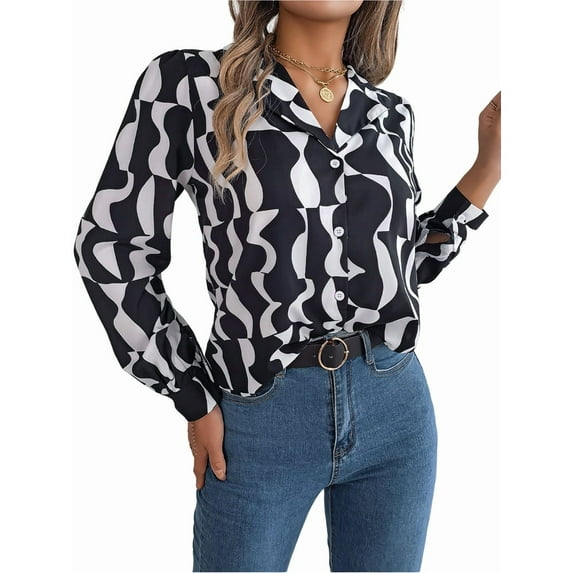 Women'S Geometric Long Sleeve Button Front Shirt, Casual Slim All over Print Collared Neck Blouse Black & White L