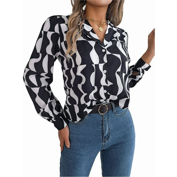 Women'S Geometric Long Sleeve Button Front Shirt, Casual Slim All over Print Collared Neck Blouse Black & White XL