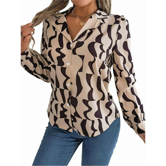 Women'S Geometric Print Long Sleeve Button Front Shirt Blouse, Casual Slim All over Print Collared Neck Blouse Khaki XL