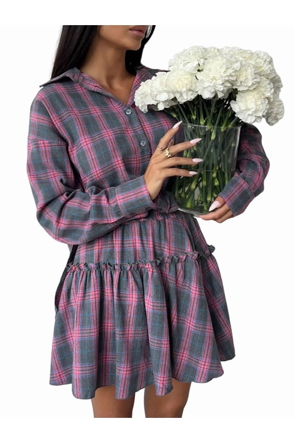 Women'S Gingham 2 Piece Set Fall Fashion Long Sleeve Tops with Skirt High Waist Front Casual Winter M