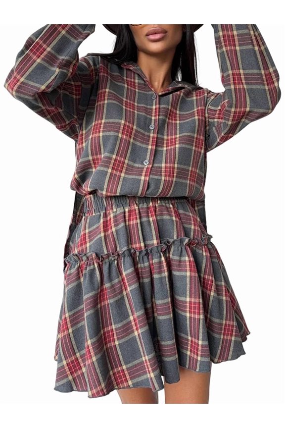 Women'S Gingham 2 Piece Set Fall Fashion Long Sleeve Tops with Skirt High Waist Front Casual Winter Red M