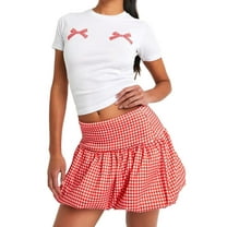 Women'S Gingham Bubble Mini Skirts - Bow- Cute Holiday Short Skorts Red S