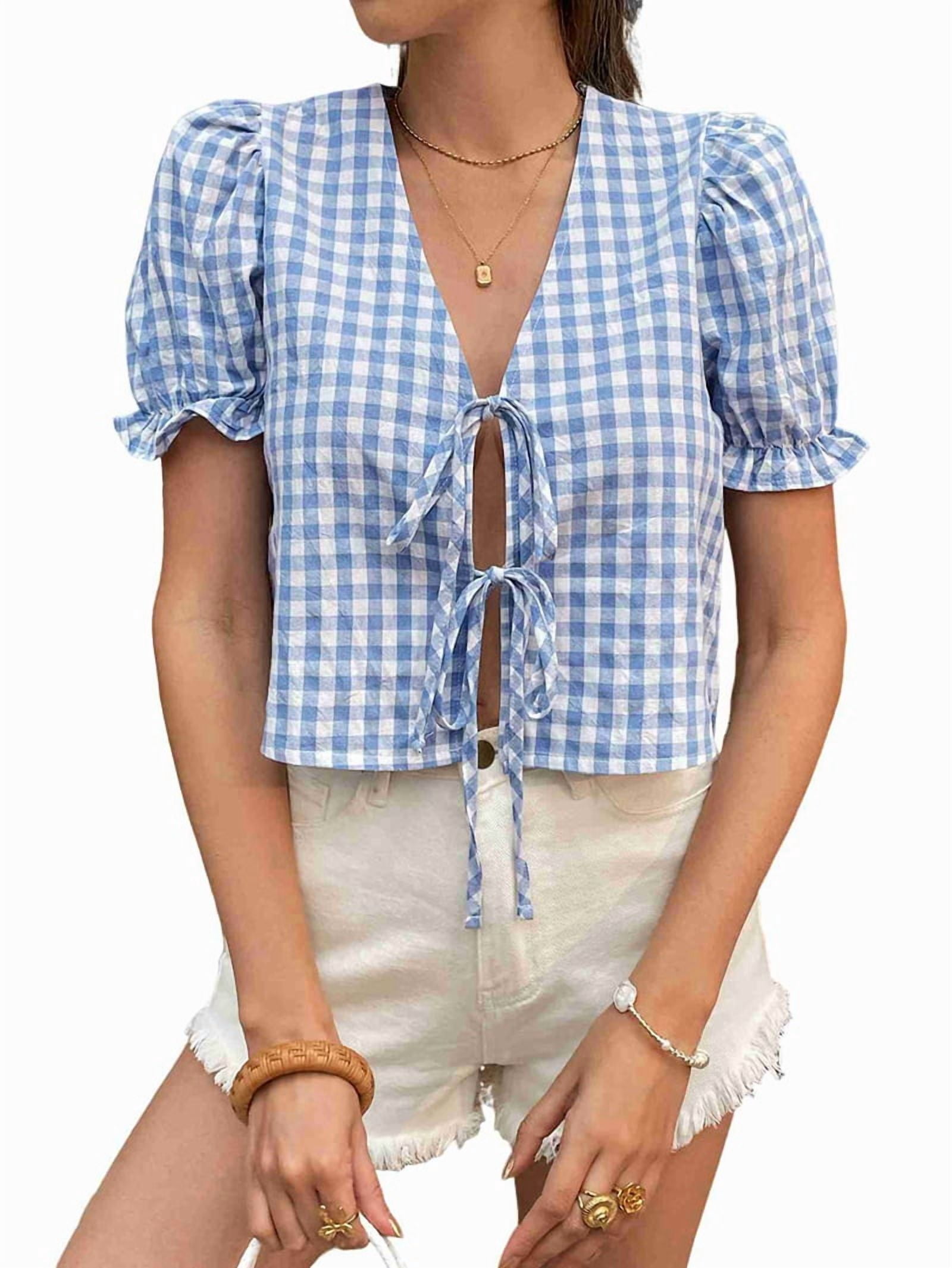 Women's Blue Puff Sleeve Tie Up Regular Crop Top